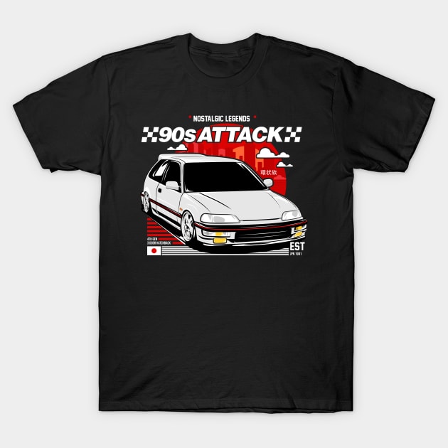 Honda Civic EF 90s Attack JDM T-Shirt by ninetiescustoms